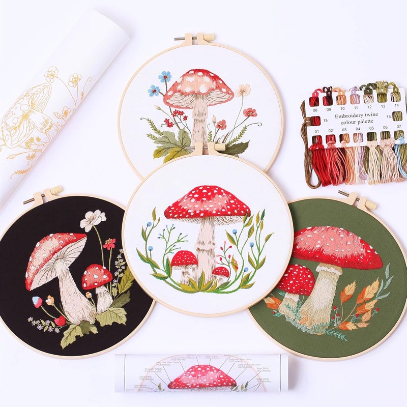 REEWISLY 4 pcs of Embroidery Starter kit with Patterns and Instructions, DIY Adult Beginner Embroidery Kits, Including 2 Plastic Embroidery Rings, 1 Pair of Scissors, Colored Threads and Needles - Image 1